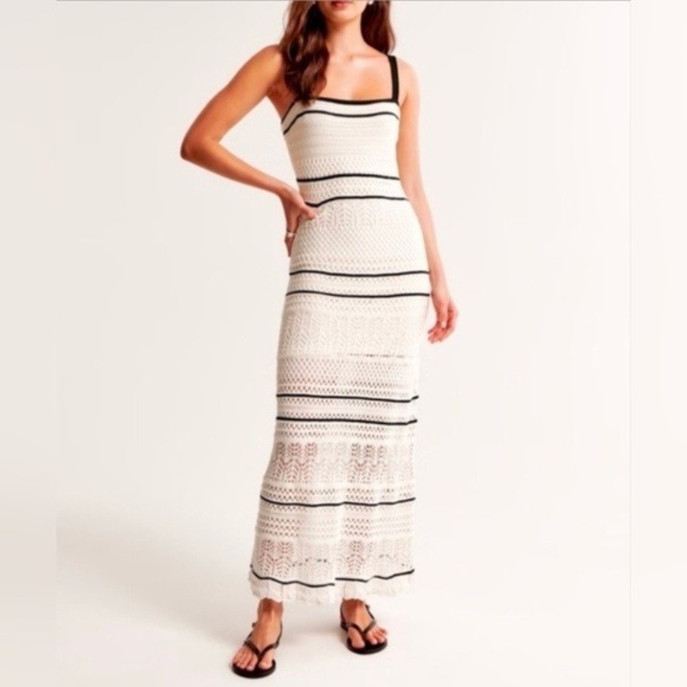 Abercrombie & Fitch White Crochet Maxi Dress Black Stripe Square Neck XL Tall